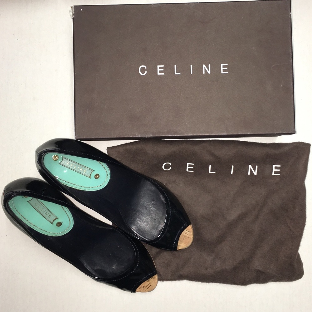 Céline Navy Patent Leather Peep Toe Cork Pumps